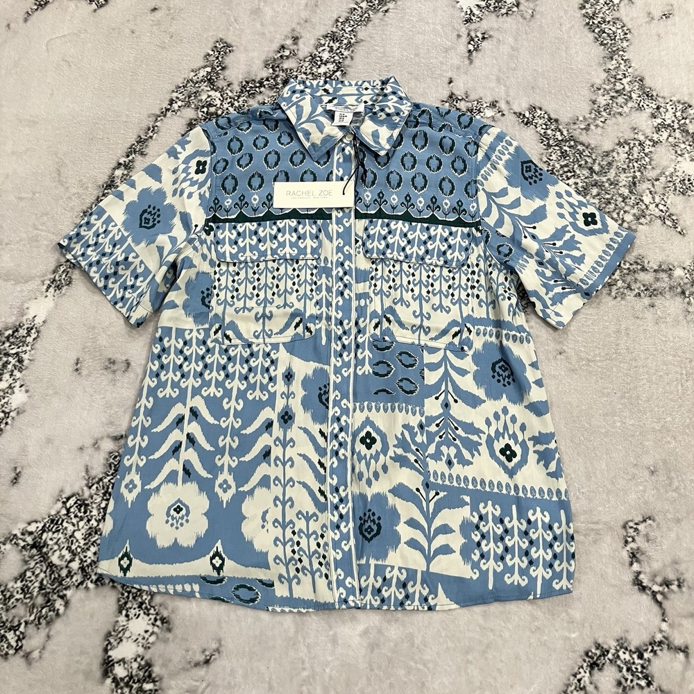 Rachel Zoe Blue‎ White Floral Ikat Print Button Front Blouse Top Medium